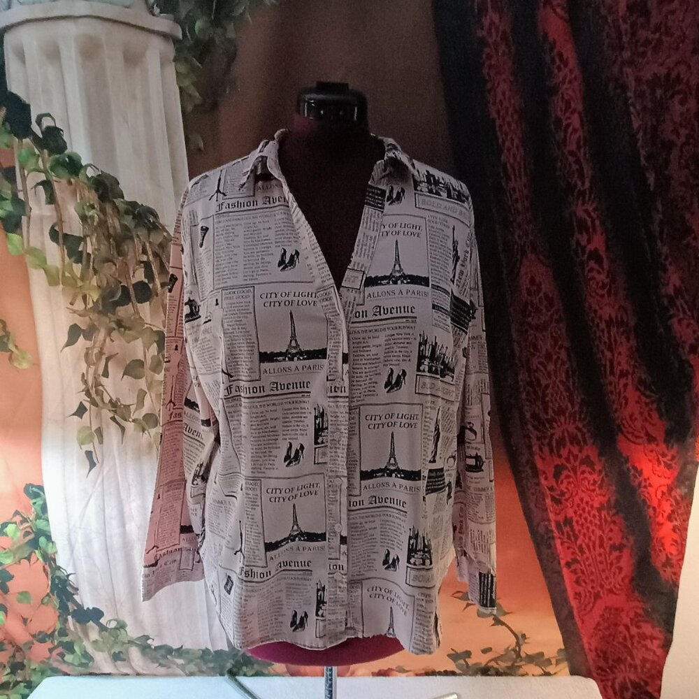 EUC: 7th Avenue Design Studio Sz XXL Pink & Black Paris Newsprint Skyline Blouse